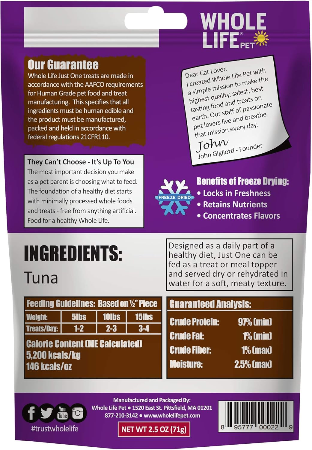 Whole Life Pet Just One Tuna - Cat Treat or Topper - Human Grade, Freeze Dried, One Ingredient - Protein Rich, Grain Free, Made in the USA