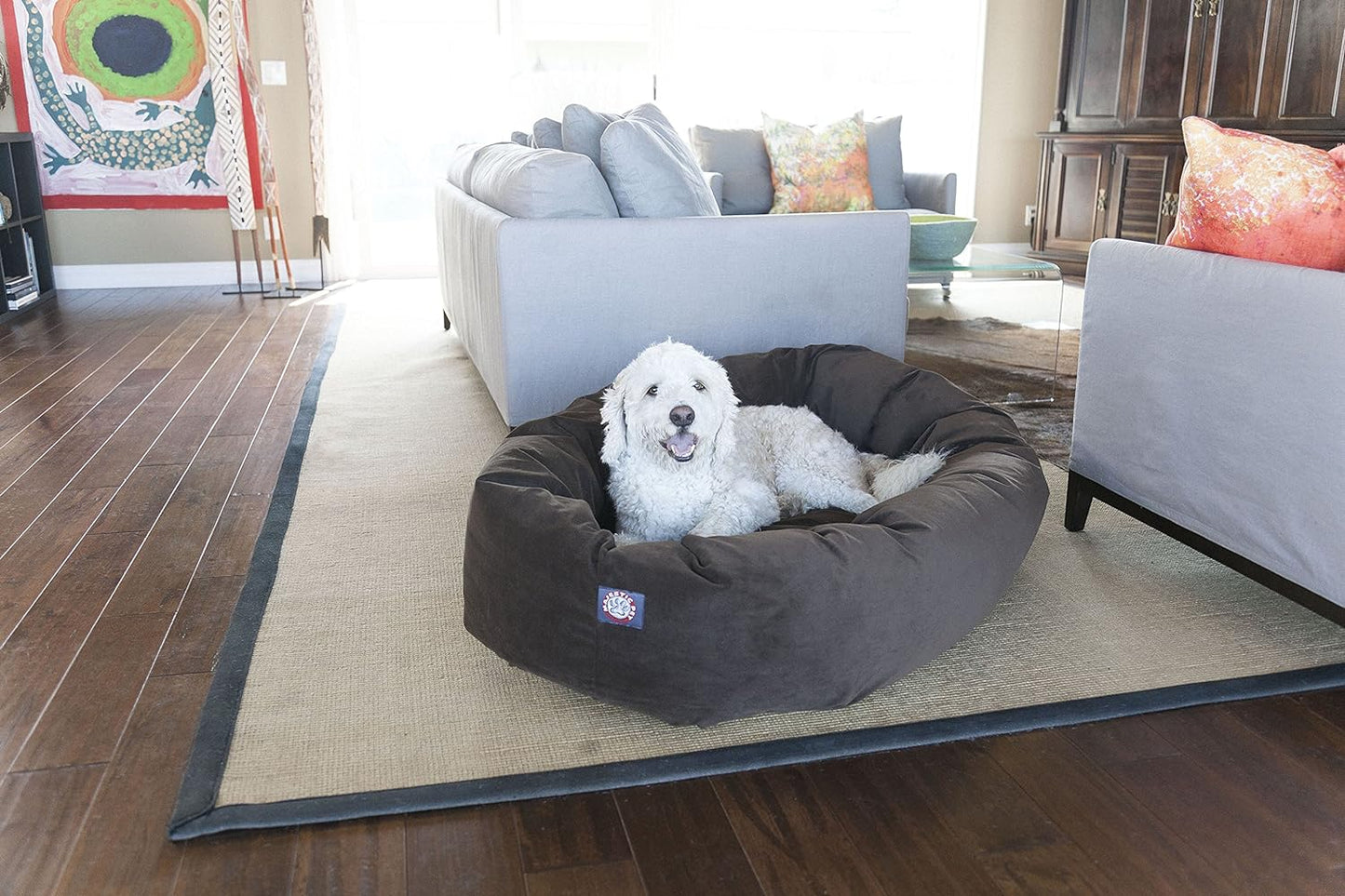 52 Inch Suede Calming Dog Bed Washable – Cozy Soft round Dog Bed with Spine Support for Dogs to Rest Their Head - Fluffy Donut Dog Bed 52X35X11 (Inch) - round Pet Bed X- Large – Chocolate